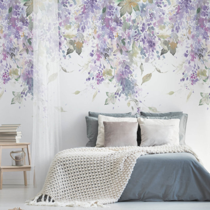 Wisteria Lane wallpaper with bed and side table situated